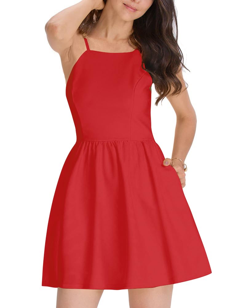 FANCYINN Women's Summer Short Dress Graduation Spaghetti Strap Backless Party Dresses with Pockets Dark Red S - Image 2